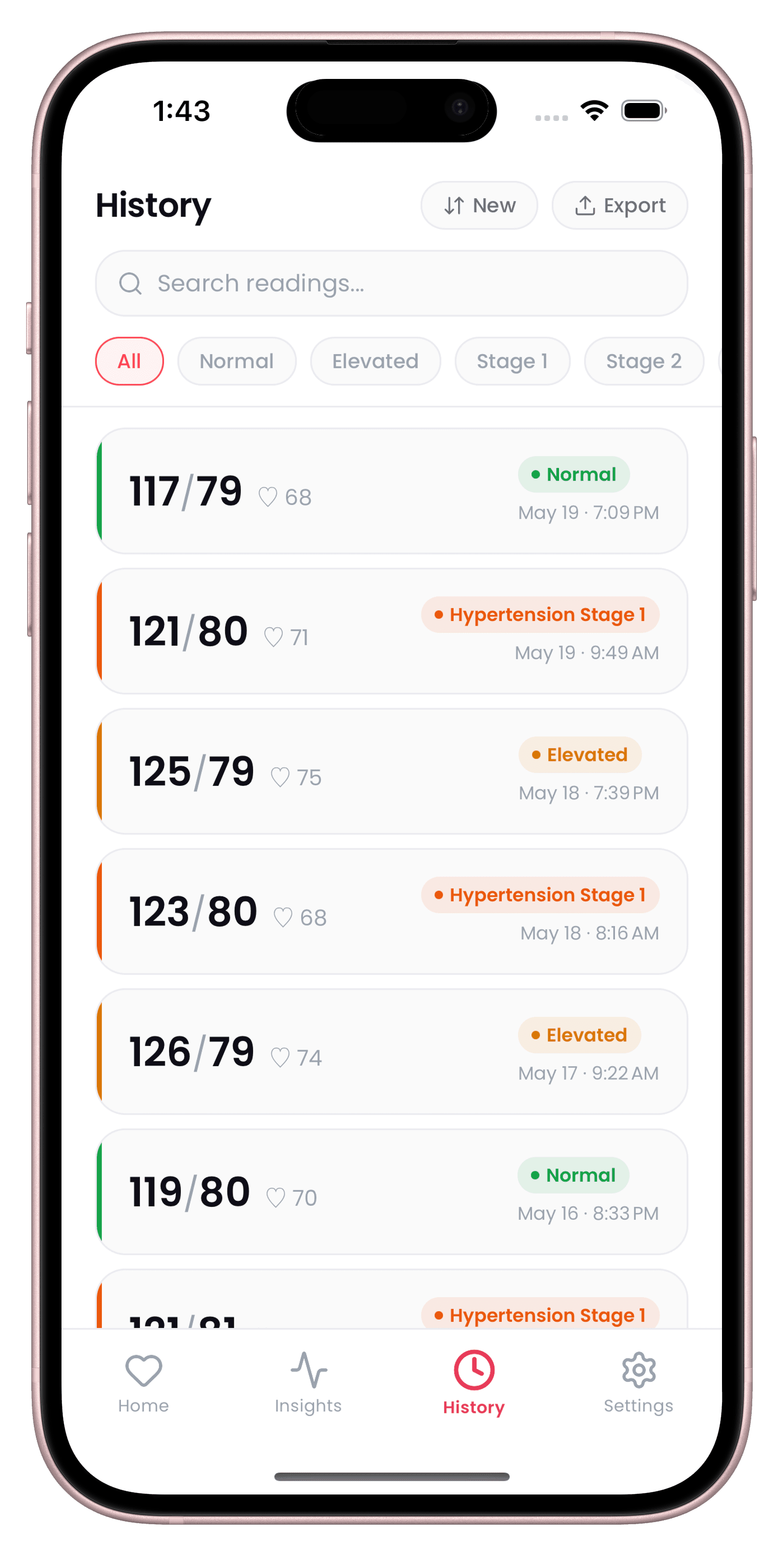 CardiLog History screen with a searchable, filterable list of past blood pressure readings