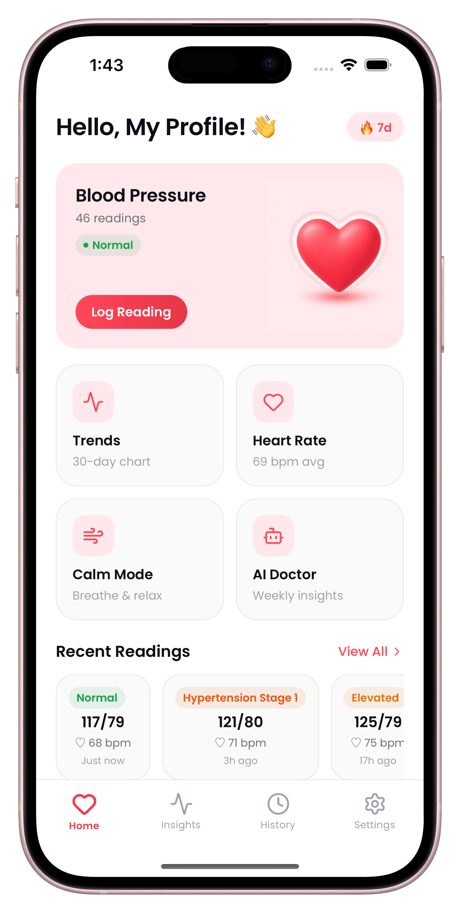 CardiLog home screen showing blood pressure status, quick links, and recent readings